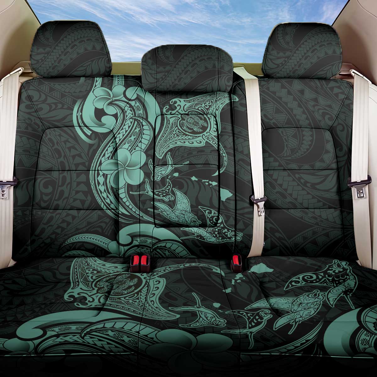 Hawaiian Manta Rays Back Car Seat Cover Tribal Hibiscus Polynesian Tattoos Turquoise Color LT03 One Size Turquoise - Polynesian Pride
