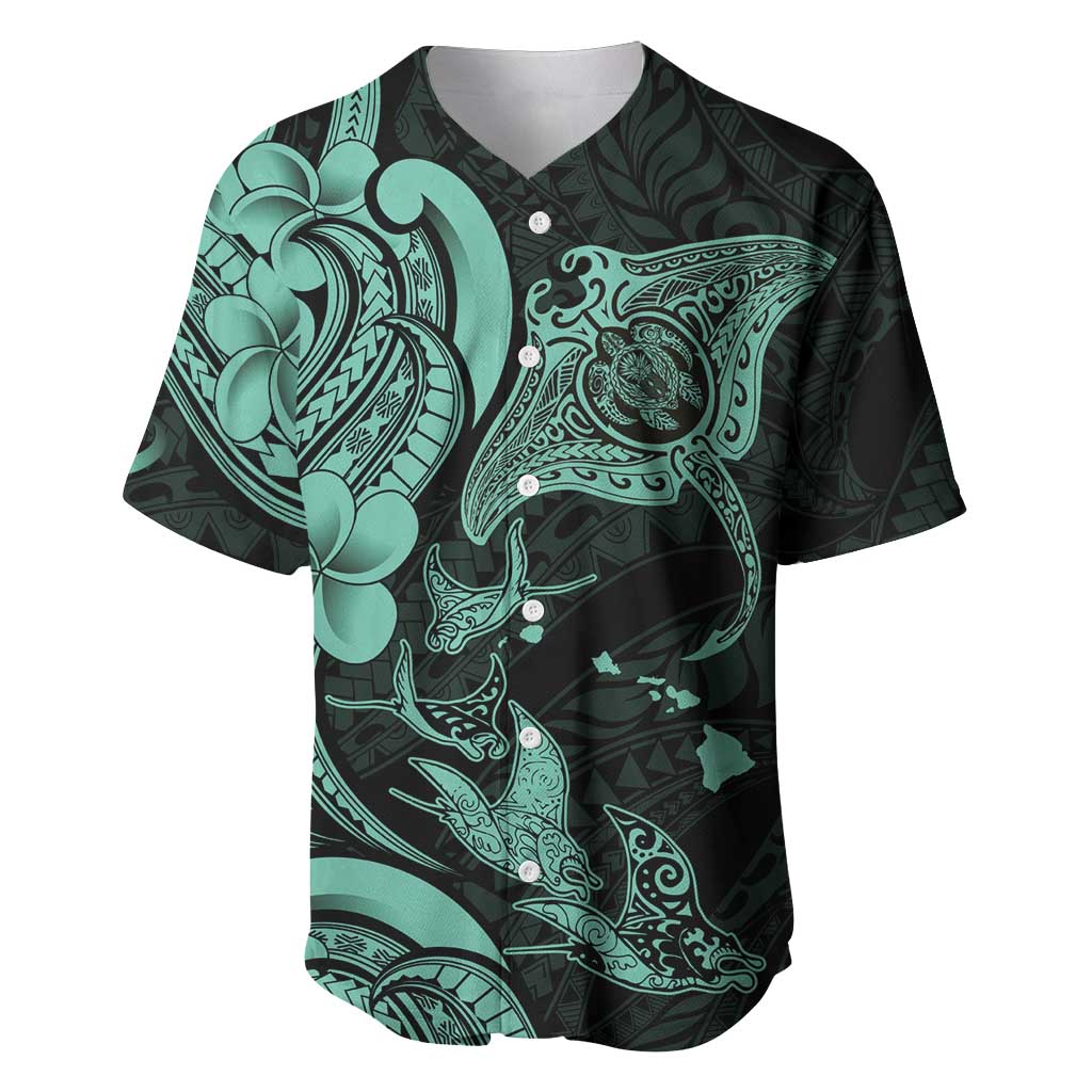 Hawaiian Manta Rays Baseball Jersey Tribal Hibiscus Polynesian Tattoos Turquoise Color - Polynesian Pride