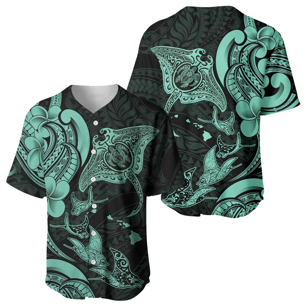 Hawaiian Manta Rays Baseball Jersey Tribal Hibiscus Polynesian Tattoos Turquoise Color - Polynesian Pride