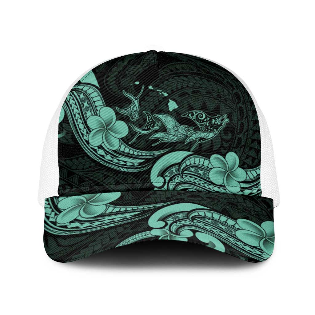 Hawaiian Manta Rays Baseball Net Cap Tribal Hibiscus Polynesian Tattoos Turquoise Color - Polynesian Pride