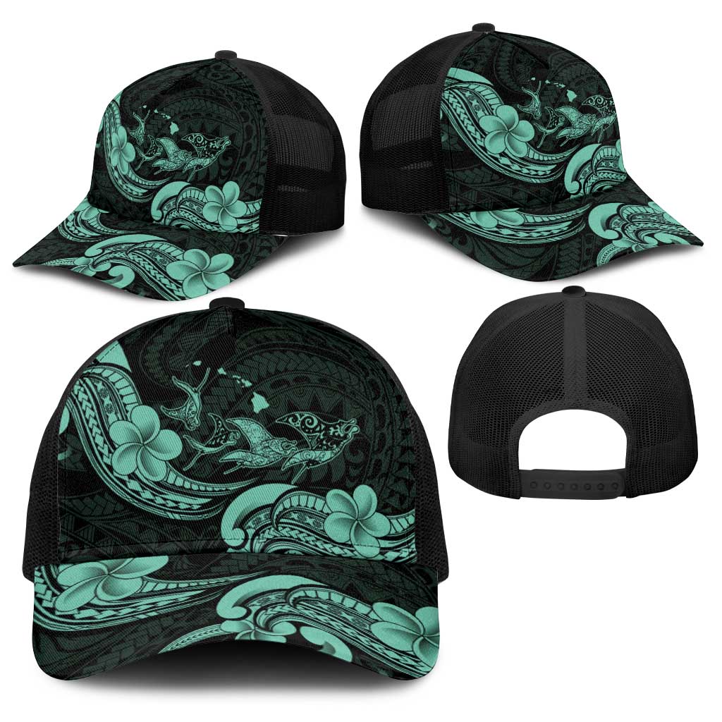 Hawaiian Manta Rays Baseball Net Cap Tribal Hibiscus Polynesian Tattoos Turquoise Color - Polynesian Pride