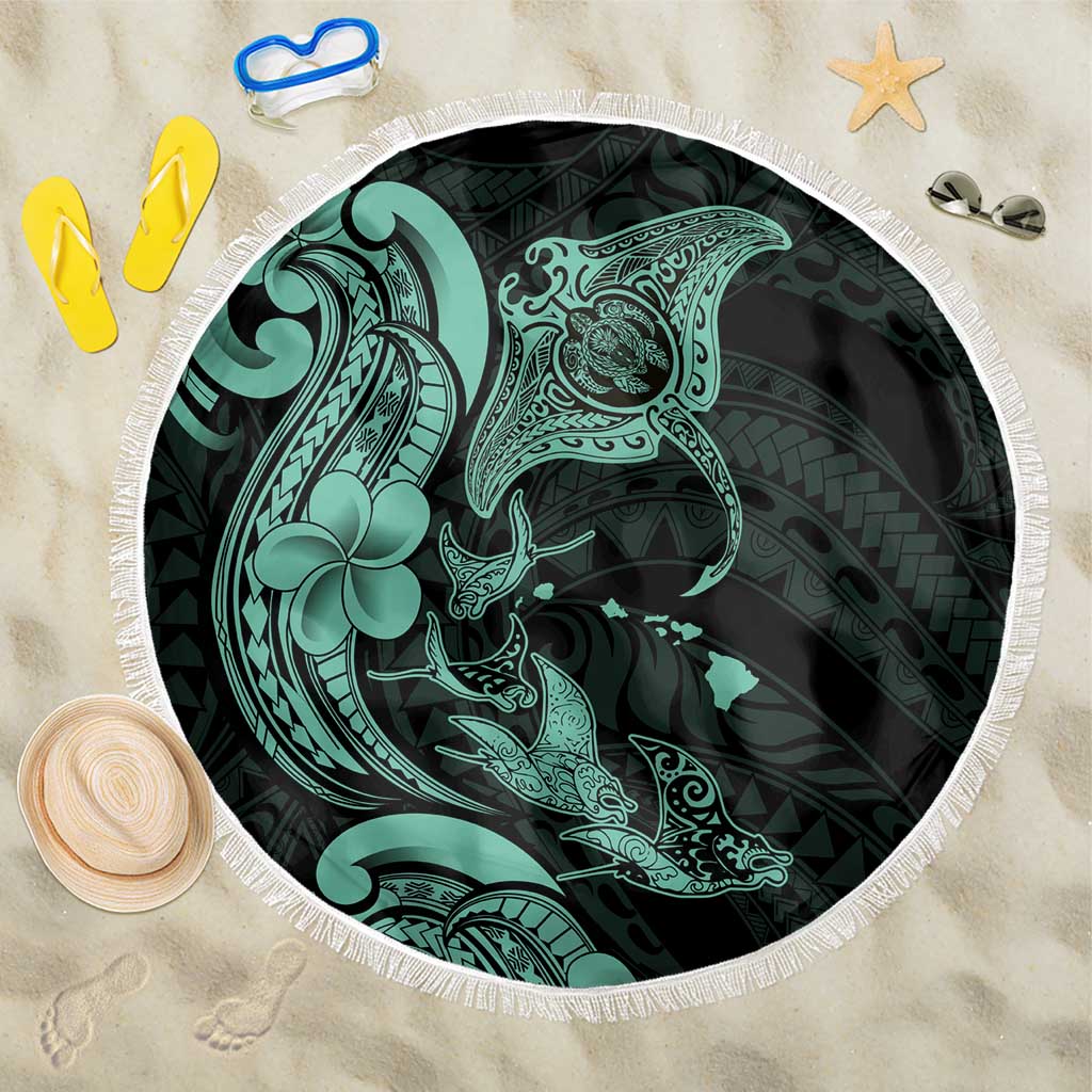 Hawaiian Manta Rays Beach Blanket Tribal Hibiscus Polynesian Tattoos Turquoise Color LT03 One Size 150cm Turquoise - Polynesian Pride