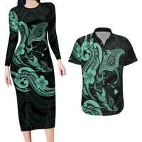Hawaiian Manta Rays Couples Matching Long Sleeve Bodycon Dress and Hawaiian Shirt Tribal Hibiscus Polynesian Tattoos Turquoise Color LT03 Turquoise - Polynesian Pride