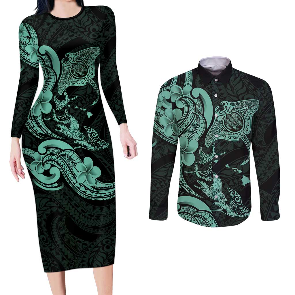 Hawaiian Manta Rays Couples Matching Long Sleeve Bodycon Dress and Long Sleeve Button Shirt Tribal Hibiscus Polynesian Tattoos Turquoise Color LT03 Turquoise - Polynesian Pride