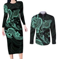Hawaiian Manta Rays Couples Matching Long Sleeve Bodycon Dress and Long Sleeve Button Shirt Tribal Hibiscus Polynesian Tattoos Turquoise Color LT03 Turquoise - Polynesian Pride