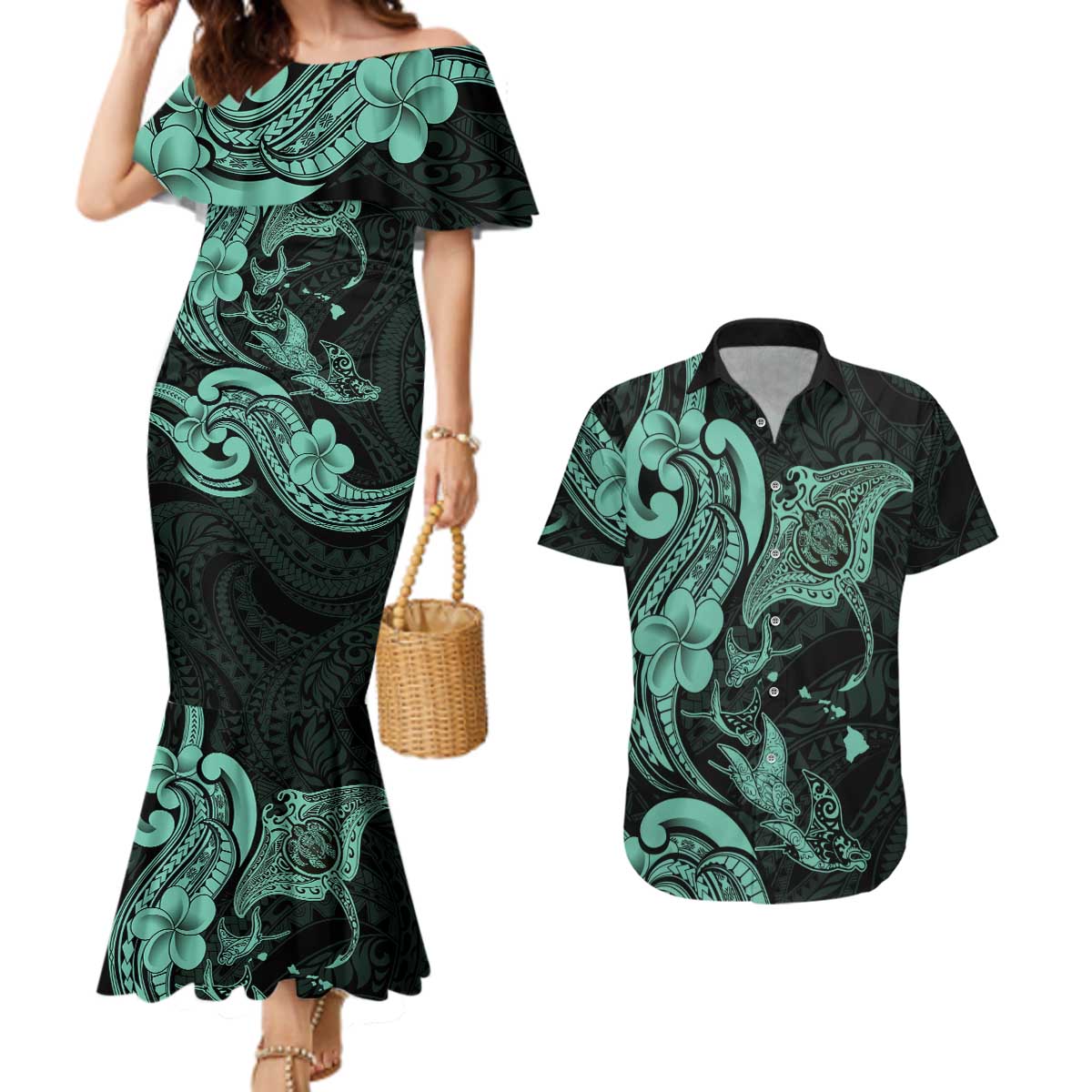 Hawaiian Manta Rays Couples Matching Mermaid Dress and Hawaiian Shirt Tribal Hibiscus Polynesian Tattoos Turquoise Color - Polynesian Pride