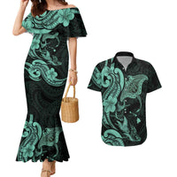 Hawaiian Manta Rays Couples Matching Mermaid Dress and Hawaiian Shirt Tribal Hibiscus Polynesian Tattoos Turquoise Color LT03 Turquoise - Polynesian Pride