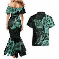 Hawaiian Manta Rays Couples Matching Mermaid Dress and Hawaiian Shirt Tribal Hibiscus Polynesian Tattoos Turquoise Color LT03 - Polynesian Pride