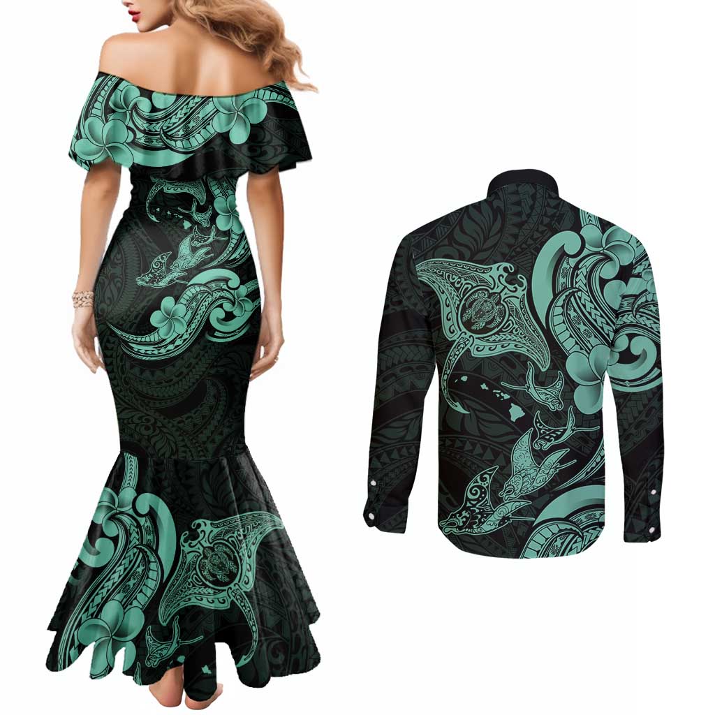 Hawaiian Manta Rays Couples Matching Mermaid Dress and Long Sleeve Button Shirt Tribal Hibiscus Polynesian Tattoos Turquoise Color LT03 - Polynesian Pride