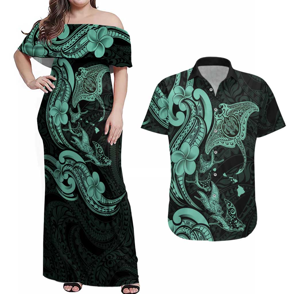 Hawaiian Manta Rays Couples Matching Off Shoulder Maxi Dress and Hawaiian Shirt Tribal Hibiscus Polynesian Tattoos Turquoise Color LT03 Turquoise - Polynesian Pride
