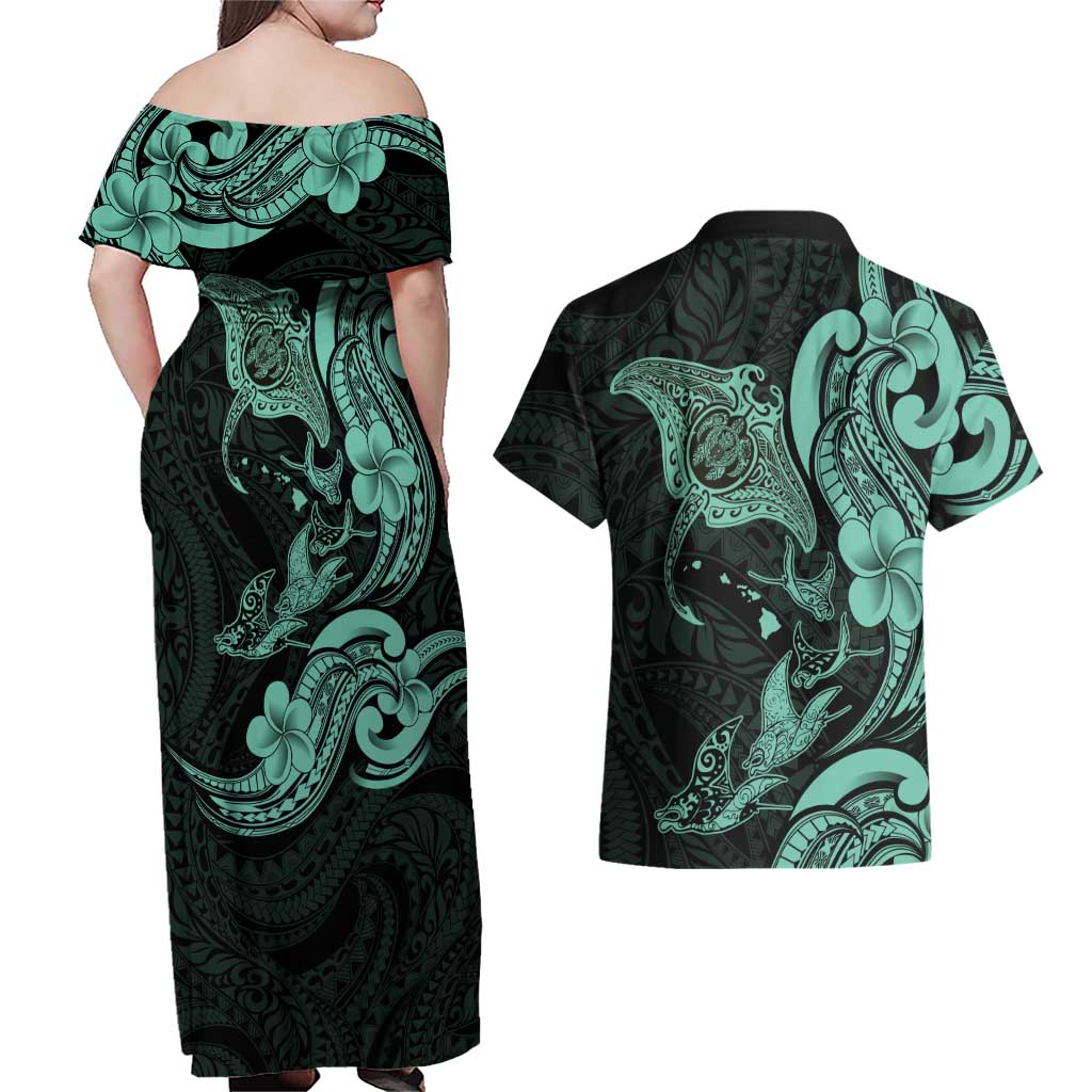 Hawaiian Manta Rays Couples Matching Off Shoulder Maxi Dress and Hawaiian Shirt Tribal Hibiscus Polynesian Tattoos Turquoise Color LT03 - Polynesian Pride