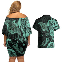 Hawaiian Manta Rays Couples Matching Off Shoulder Short Dress and Hawaiian Shirt Tribal Hibiscus Polynesian Tattoos Turquoise Color LT03 - Polynesian Pride