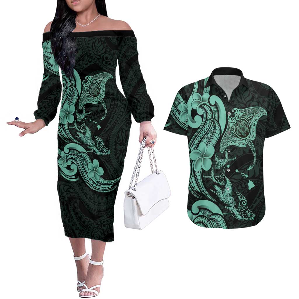 Hawaiian Manta Rays Couples Matching Off The Shoulder Long Sleeve Dress and Hawaiian Shirt Tribal Hibiscus Polynesian Tattoos Turquoise Color LT03 Turquoise - Polynesian Pride