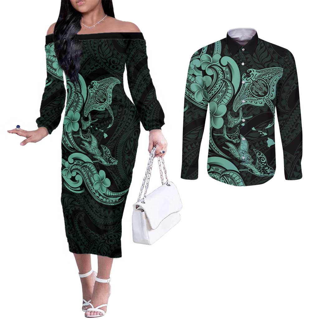 Hawaiian Manta Rays Couples Matching Off The Shoulder Long Sleeve Dress and Long Sleeve Button Shirt Tribal Hibiscus Polynesian Tattoos Turquoise Color - Polynesian Pride