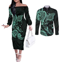 Hawaiian Manta Rays Couples Matching Off The Shoulder Long Sleeve Dress and Long Sleeve Button Shirt Tribal Hibiscus Polynesian Tattoos Turquoise Color LT03 Turquoise - Polynesian Pride