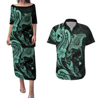 Hawaiian Manta Rays Couples Matching Puletasi and Hawaiian Shirt Tribal Hibiscus Polynesian Tattoos Turquoise Color - Polynesian Pride