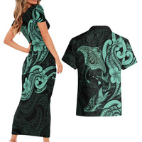 Hawaiian Manta Rays Couples Matching Short Sleeve Bodycon Dress and Hawaiian Shirt Tribal Hibiscus Polynesian Tattoos Turquoise Color LT03 - Polynesian Pride