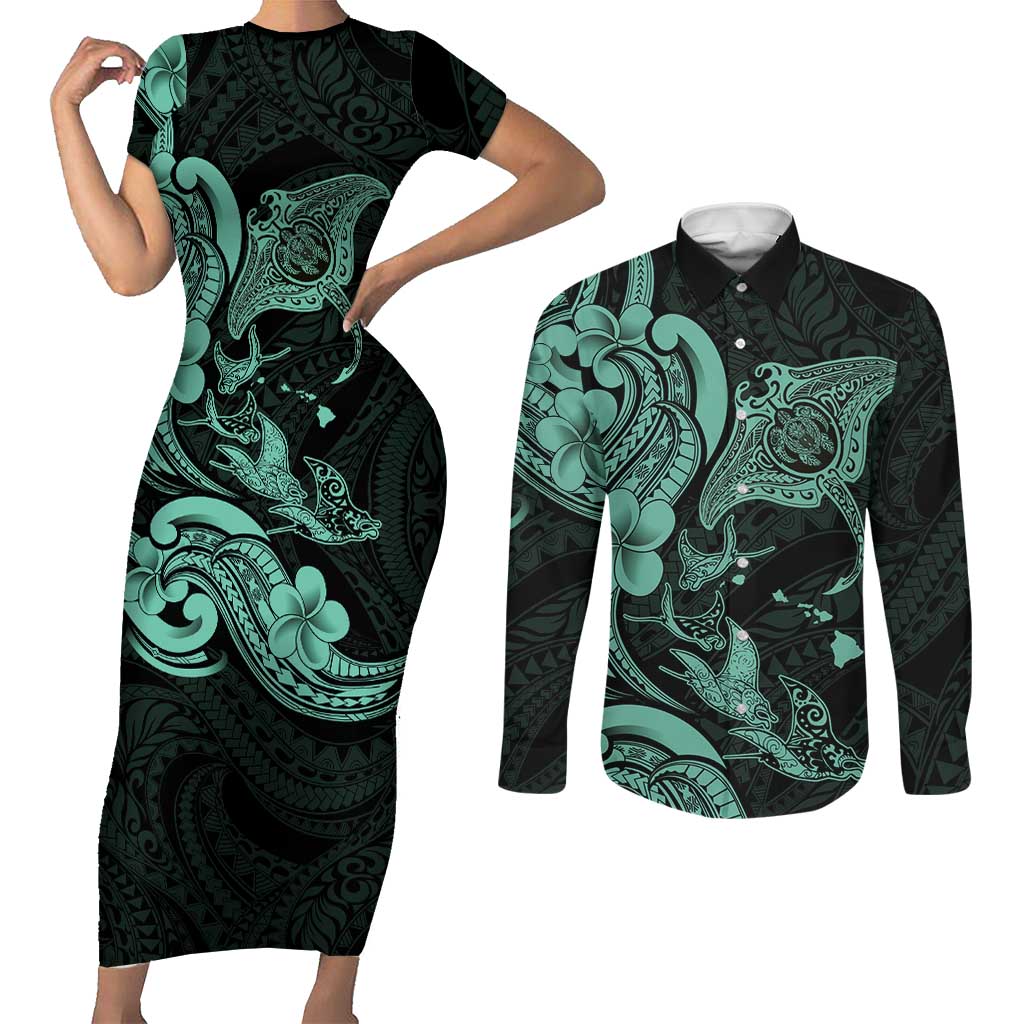 Hawaiian Manta Rays Couples Matching Short Sleeve Bodycon Dress and Long Sleeve Button Shirt Tribal Hibiscus Polynesian Tattoos Turquoise Color - Polynesian Pride