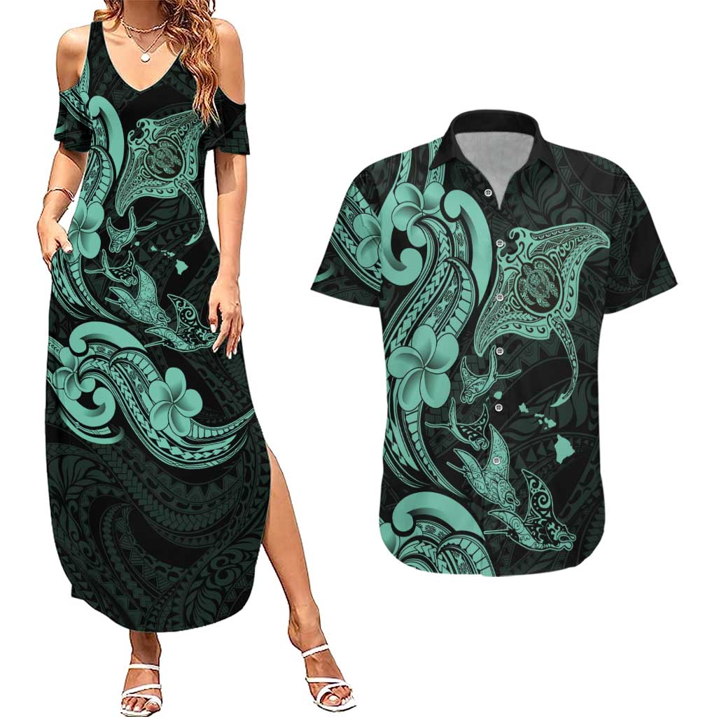 Hawaiian Manta Rays Couples Matching Summer Maxi Dress and Hawaiian Shirt Tribal Hibiscus Polynesian Tattoos Turquoise Color - Polynesian Pride