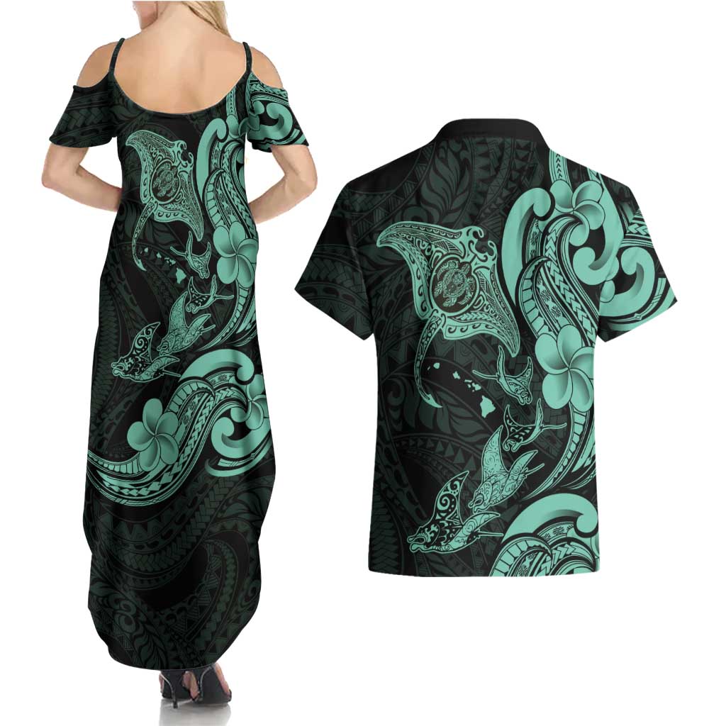 Hawaiian Manta Rays Couples Matching Summer Maxi Dress and Hawaiian Shirt Tribal Hibiscus Polynesian Tattoos Turquoise Color LT03 - Polynesian Pride