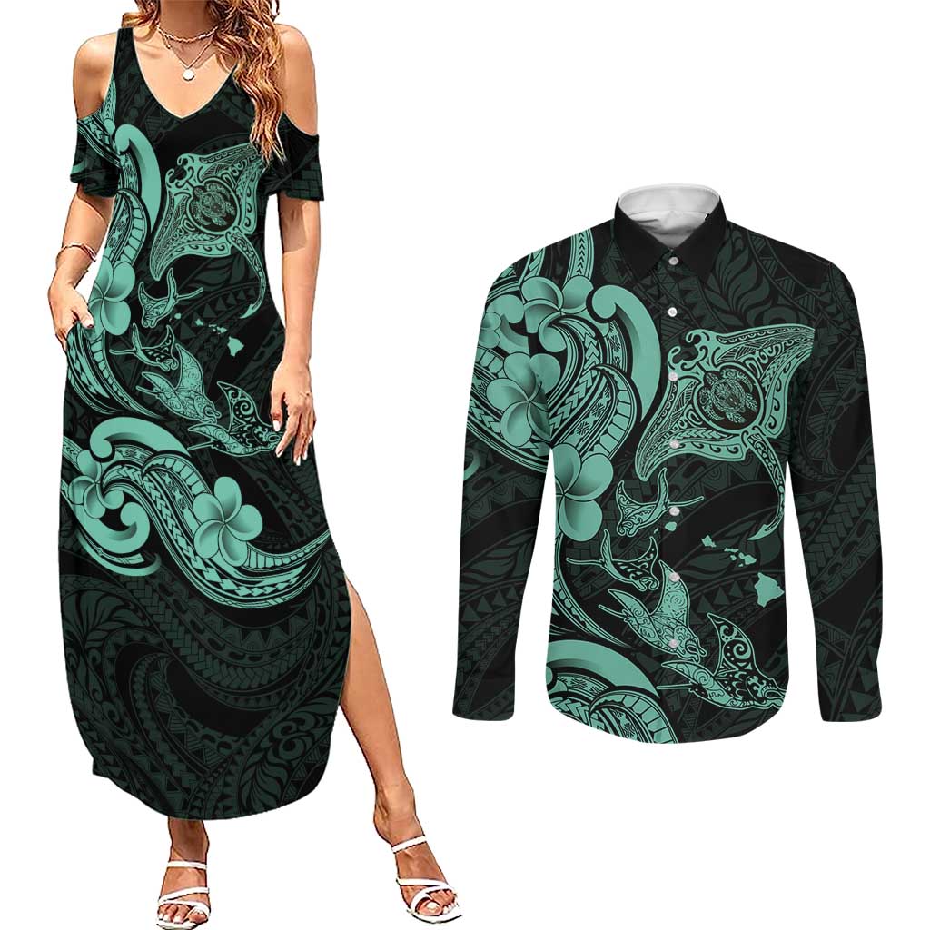 Hawaiian Manta Rays Couples Matching Summer Maxi Dress and Long Sleeve Button Shirt Tribal Hibiscus Polynesian Tattoos Turquoise Color - Polynesian Pride