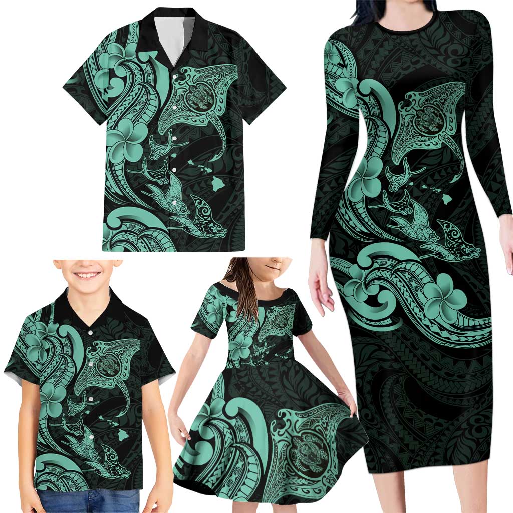 Hawaiian Manta Rays Family Matching Long Sleeve Bodycon Dress and Hawaiian Shirt Tribal Hibiscus Polynesian Tattoos Turquoise Color - Polynesian Pride