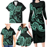 Hawaiian Manta Rays Family Matching Long Sleeve Bodycon Dress and Hawaiian Shirt Tribal Hibiscus Polynesian Tattoos Turquoise Color LT03 - Polynesian Pride