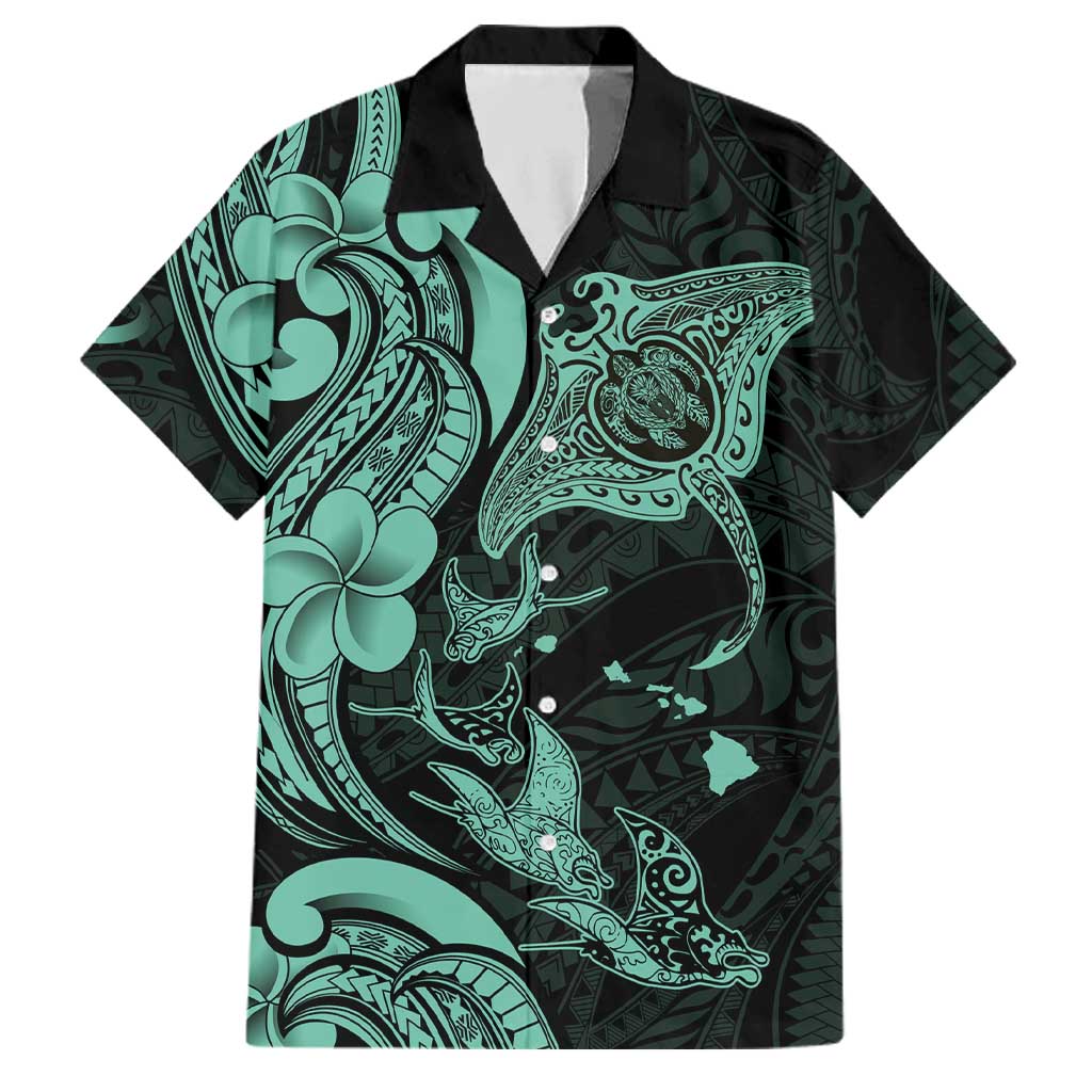 Hawaiian Manta Rays Family Matching Long Sleeve Bodycon Dress and Hawaiian Shirt Tribal Hibiscus Polynesian Tattoos Turquoise Color LT03 Dad's Shirt - Short Sleeve Turquoise - Polynesian Pride