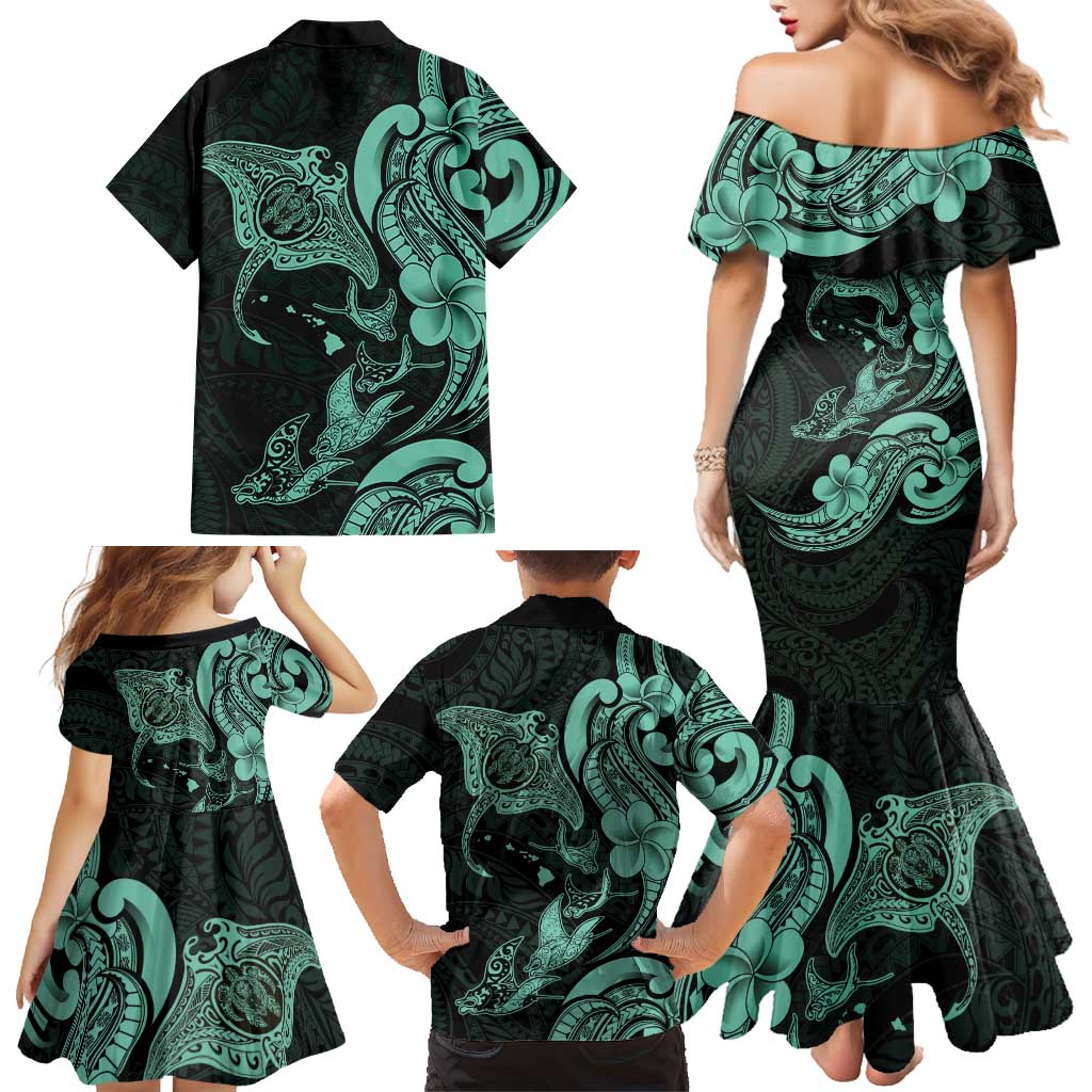 Hawaiian Manta Rays Family Matching Mermaid Dress and Hawaiian Shirt Tribal Hibiscus Polynesian Tattoos Turquoise Color LT03 - Polynesian Pride