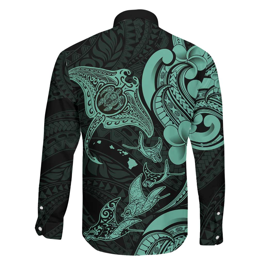 Hawaiian Manta Rays Family Matching Mermaid Dress and Hawaiian Shirt Tribal Hibiscus Polynesian Tattoos Turquoise Color LT03 - Polynesian Pride