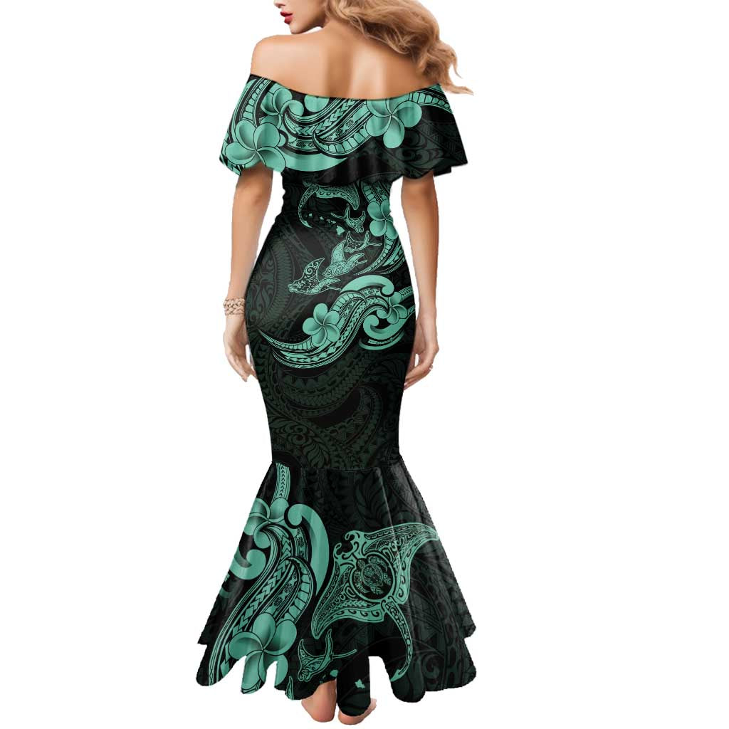 Hawaiian Manta Rays Family Matching Mermaid Dress and Hawaiian Shirt Tribal Hibiscus Polynesian Tattoos Turquoise Color LT03 - Polynesian Pride