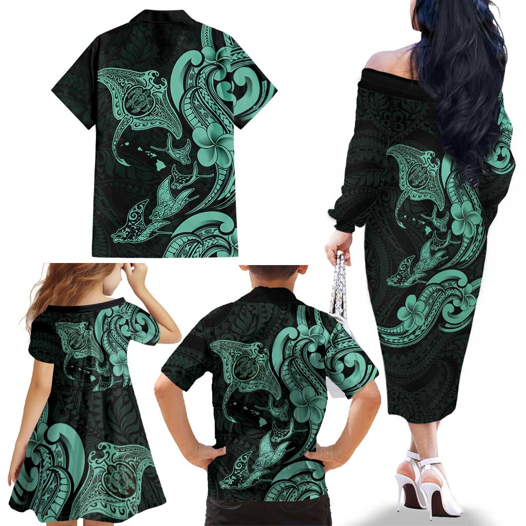 Hawaiian Manta Rays Family Matching Off The Shoulder Long Sleeve Dress and Hawaiian Shirt Tribal Hibiscus Polynesian Tattoos Turquoise Color LT03 - Polynesian Pride