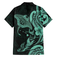 Hawaiian Manta Rays Family Matching Off The Shoulder Long Sleeve Dress and Hawaiian Shirt Tribal Hibiscus Polynesian Tattoos Turquoise Color LT03 - Polynesian Pride
