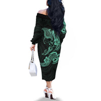 Hawaiian Manta Rays Family Matching Off The Shoulder Long Sleeve Dress and Hawaiian Shirt Tribal Hibiscus Polynesian Tattoos Turquoise Color LT03 - Polynesian Pride