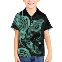 Hawaiian Manta Rays Family Matching Off The Shoulder Long Sleeve Dress and Hawaiian Shirt Tribal Hibiscus Polynesian Tattoos Turquoise Color LT03 Son's Shirt Turquoise - Polynesian Pride
