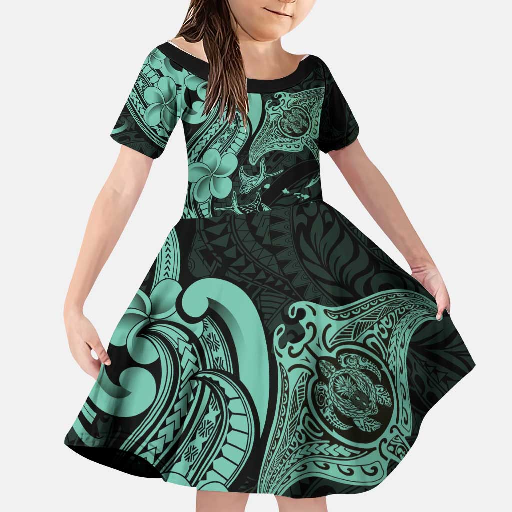 Hawaiian Manta Rays Family Matching Off Shoulder Maxi Dress and Hawaiian Shirt Tribal Hibiscus Polynesian Tattoos Turquoise Color LT03 Daughter's Dress Turquoise - Polynesian Pride