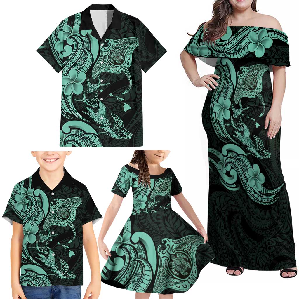 Hawaiian Manta Rays Family Matching Off Shoulder Maxi Dress and Hawaiian Shirt Tribal Hibiscus Polynesian Tattoos Turquoise Color LT03 - Polynesian Pride