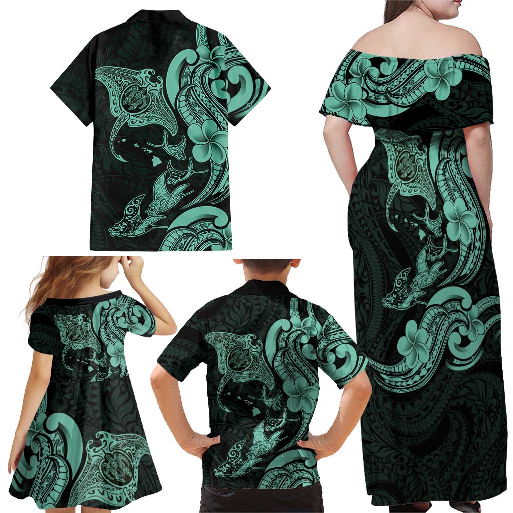 Hawaiian Manta Rays Family Matching Off Shoulder Maxi Dress and Hawaiian Shirt Tribal Hibiscus Polynesian Tattoos Turquoise Color LT03 - Polynesian Pride
