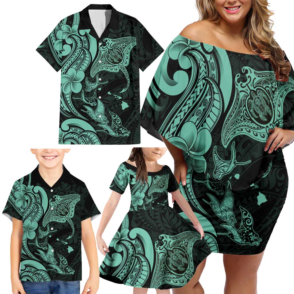 Hawaiian Manta Rays Family Matching Off Shoulder Short Dress and Hawaiian Shirt Tribal Hibiscus Polynesian Tattoos Turquoise Color LT03 - Polynesian Pride