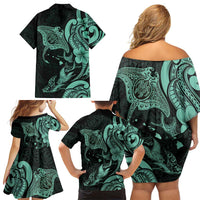 Hawaiian Manta Rays Family Matching Off Shoulder Short Dress and Hawaiian Shirt Tribal Hibiscus Polynesian Tattoos Turquoise Color LT03 - Polynesian Pride