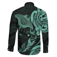 Hawaiian Manta Rays Family Matching Off Shoulder Short Dress and Hawaiian Shirt Tribal Hibiscus Polynesian Tattoos Turquoise Color LT03 - Polynesian Pride