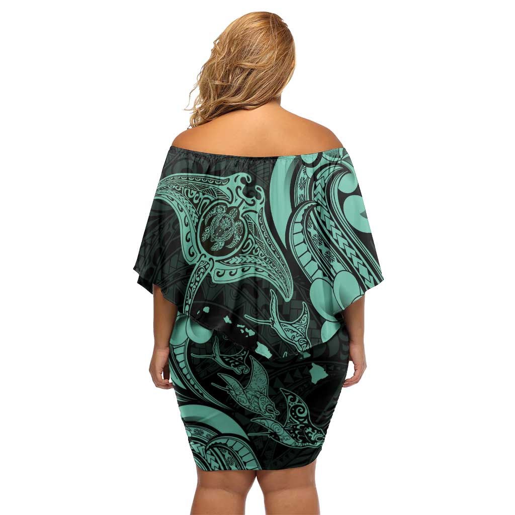 Hawaiian Manta Rays Family Matching Off Shoulder Short Dress and Hawaiian Shirt Tribal Hibiscus Polynesian Tattoos Turquoise Color LT03 - Polynesian Pride