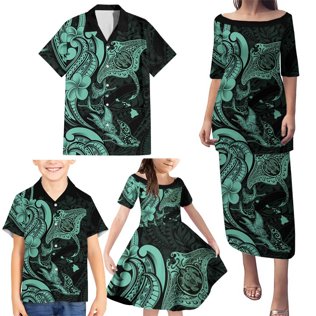 Hawaiian Manta Rays Family Matching Puletasi and Hawaiian Shirt Tribal Hibiscus Polynesian Tattoos Turquoise Color - Polynesian Pride