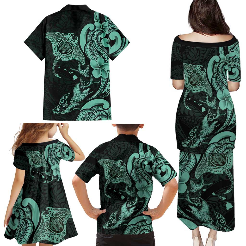 Hawaiian Manta Rays Family Matching Puletasi and Hawaiian Shirt Tribal Hibiscus Polynesian Tattoos Turquoise Color LT03 - Polynesian Pride