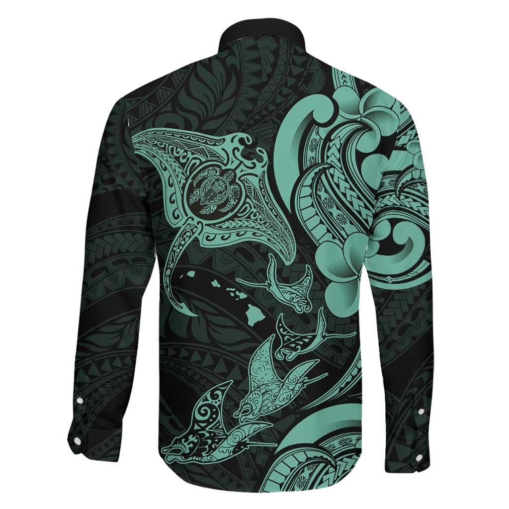Hawaiian Manta Rays Family Matching Puletasi and Hawaiian Shirt Tribal Hibiscus Polynesian Tattoos Turquoise Color LT03 - Polynesian Pride
