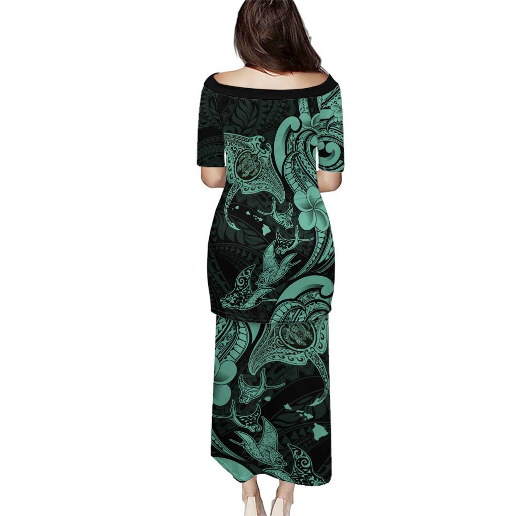 Hawaiian Manta Rays Family Matching Puletasi and Hawaiian Shirt Tribal Hibiscus Polynesian Tattoos Turquoise Color LT03 - Polynesian Pride