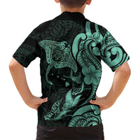 Hawaiian Manta Rays Family Matching Short Sleeve Bodycon Dress and Hawaiian Shirt Tribal Hibiscus Polynesian Tattoos Turquoise Color LT03 - Polynesian Pride