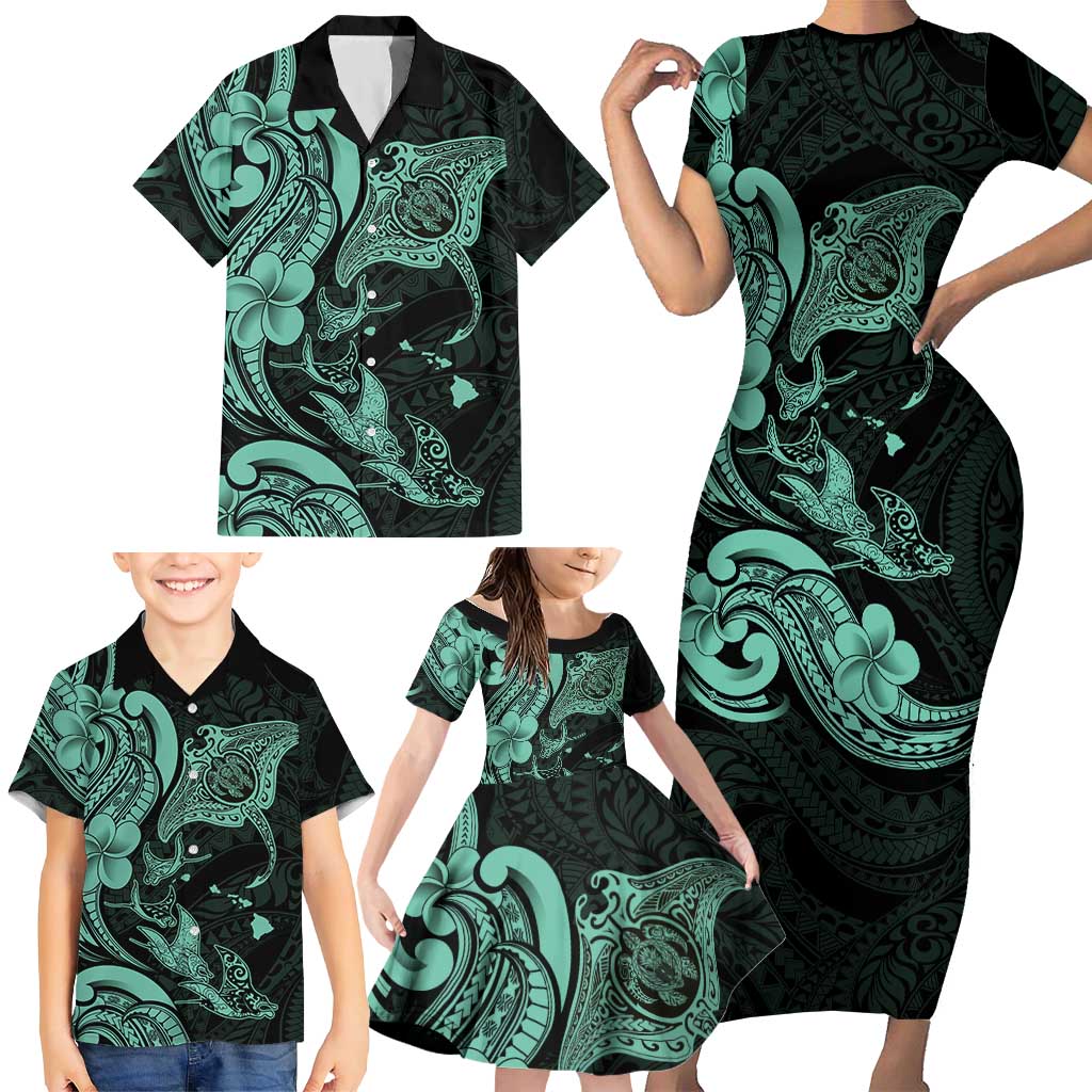 Hawaiian Manta Rays Family Matching Short Sleeve Bodycon Dress and Hawaiian Shirt Tribal Hibiscus Polynesian Tattoos Turquoise Color - Polynesian Pride