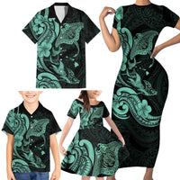 Hawaiian Manta Rays Family Matching Short Sleeve Bodycon Dress and Hawaiian Shirt Tribal Hibiscus Polynesian Tattoos Turquoise Color LT03 - Polynesian Pride