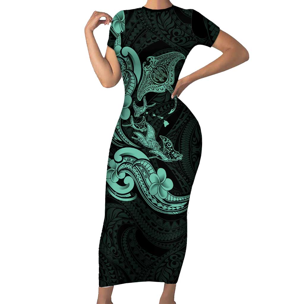 Hawaiian Manta Rays Family Matching Short Sleeve Bodycon Dress and Hawaiian Shirt Tribal Hibiscus Polynesian Tattoos Turquoise Color LT03 Mom's Dress Turquoise - Polynesian Pride